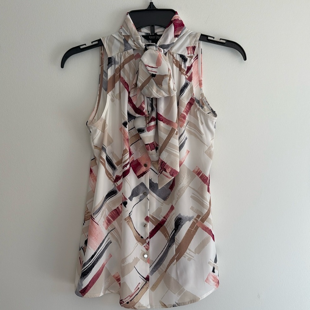 White House Black Market Tie Neck Multicolor Blouse Elegant Top Size 0 EUC